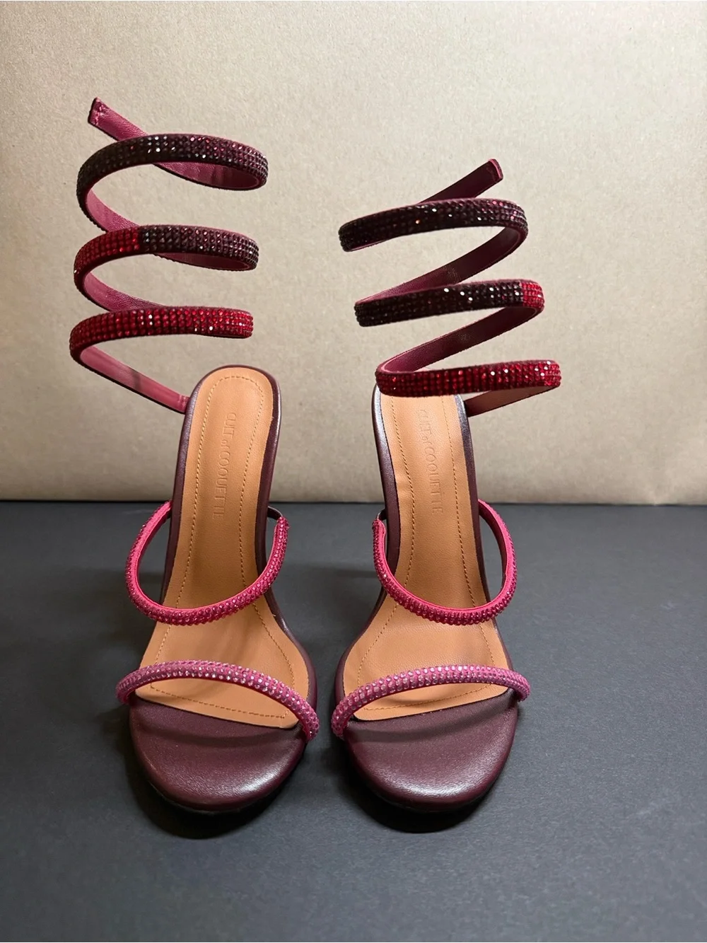 Spiral Wrap Stiletto Sandals in Burgundy and Pink - New - With Box